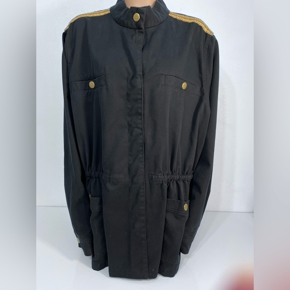 Lane Bryant Black Button Up Gathered Waist Gold Shoulder Trim Jacket Sz. 26/28